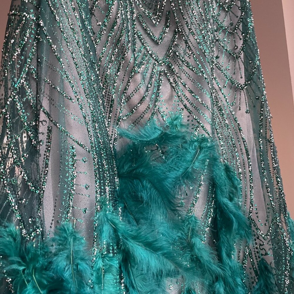 Emerald Sequin & Feather Gown Size 14, Worn Once - image 5